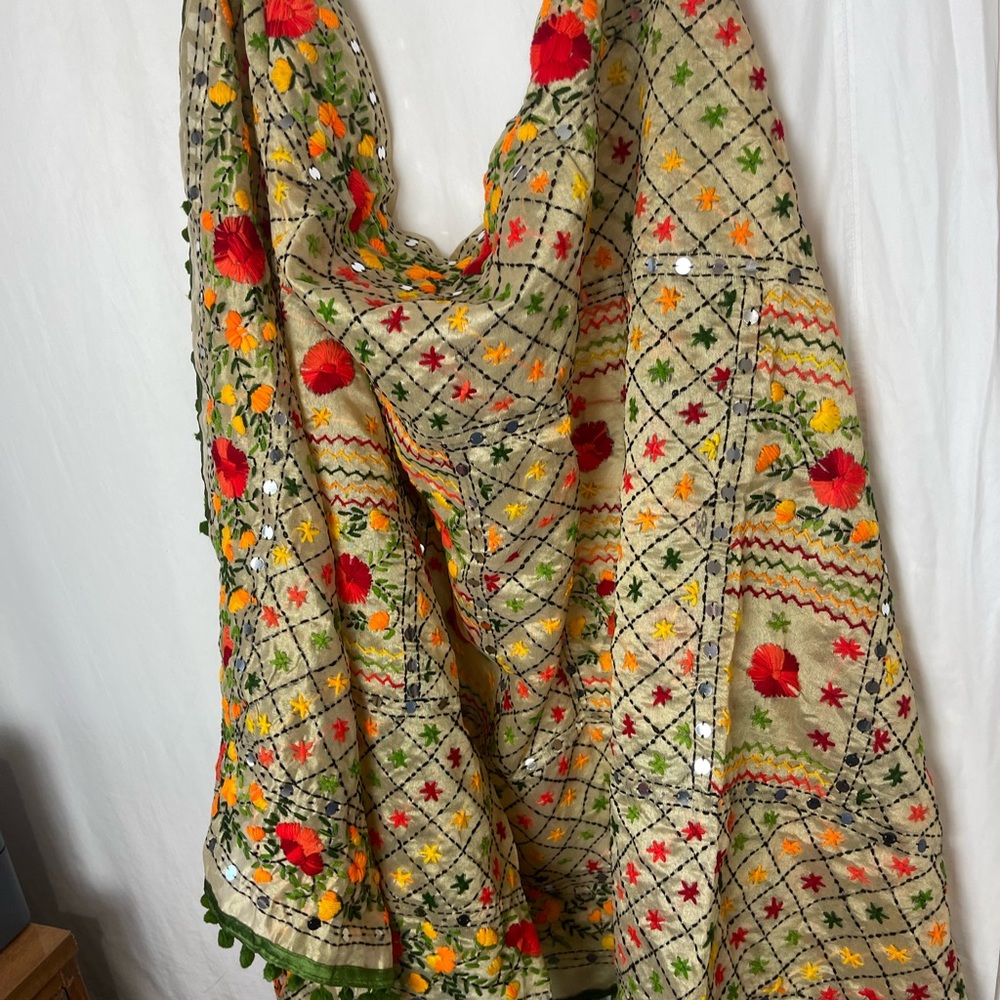 Shawl Green Pom Pom long Duppatta Raw Silk handmade mirror and thread scarf long - Picture 6 of 8